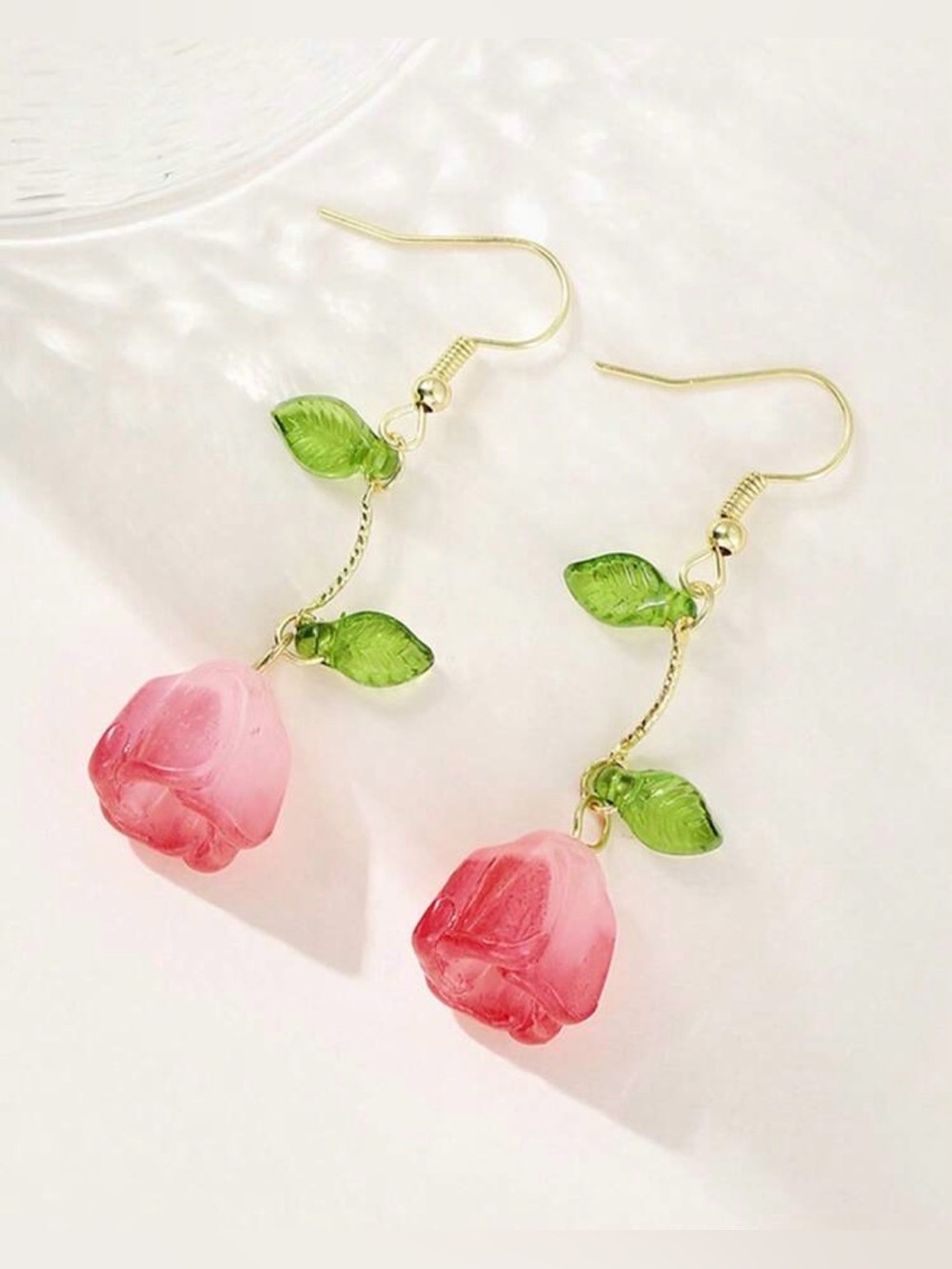 Pink Rose Dangle Earrings with Green Leaves - Charming Floral Jewelry